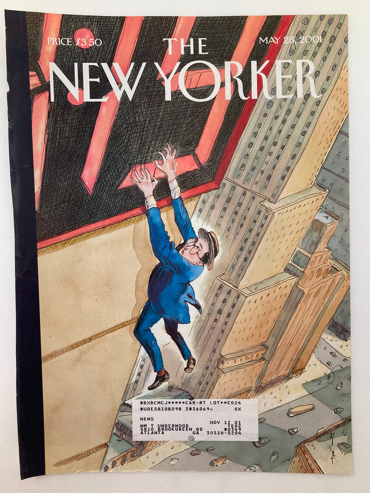 The New Yorker cover dated May 28, 2001, titled 'Hanging On' by Barry Blitt, illustrating a character hanging from a building, representing social commentary through unique design.