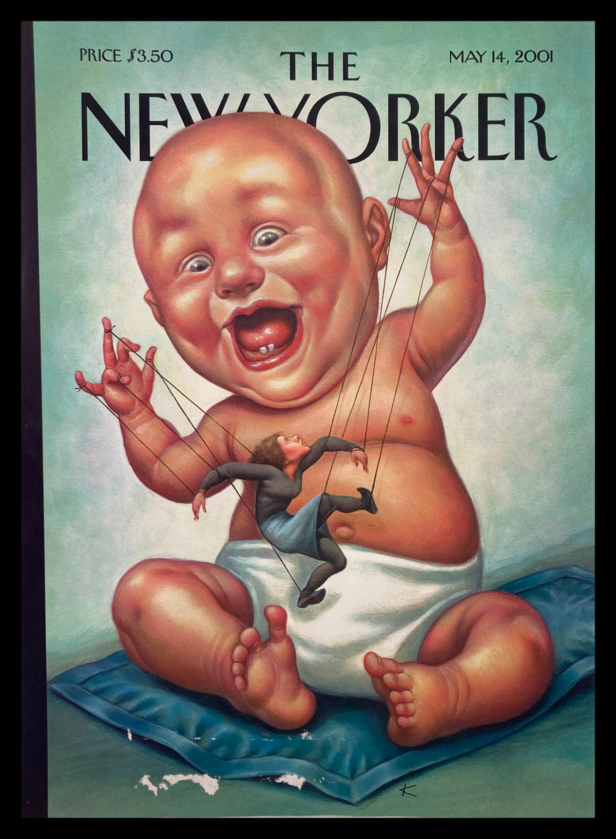 Cover of The New Yorker magazine dated May 14, 2001, featuring the artwork 'Baby Puppetmaster' by Anita Kunz, depicting a large smiling baby manipulating a puppet dressed in a suit.