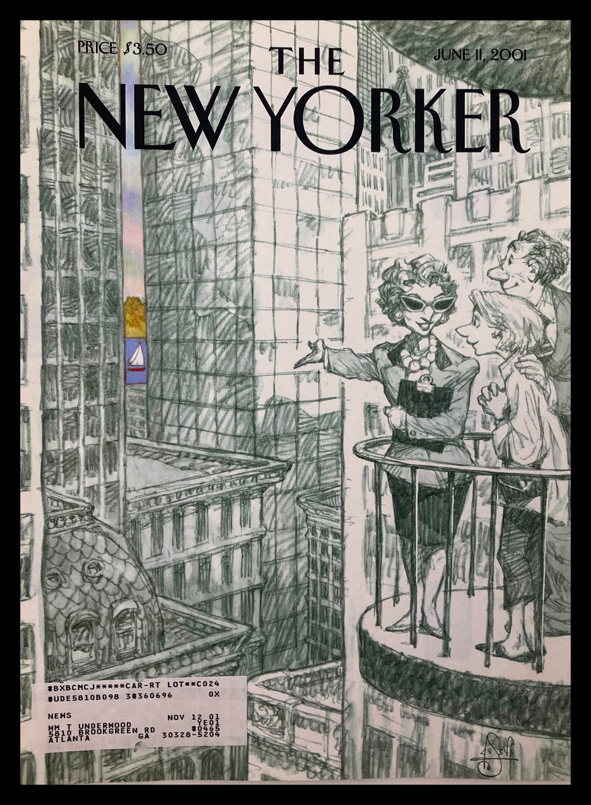 Cover of The New Yorker from June 11, 2001, featuring whimsical artwork by Peter de Seve. The illustration depicts a charming scene with characters on a balcony overlooking a cityscape.