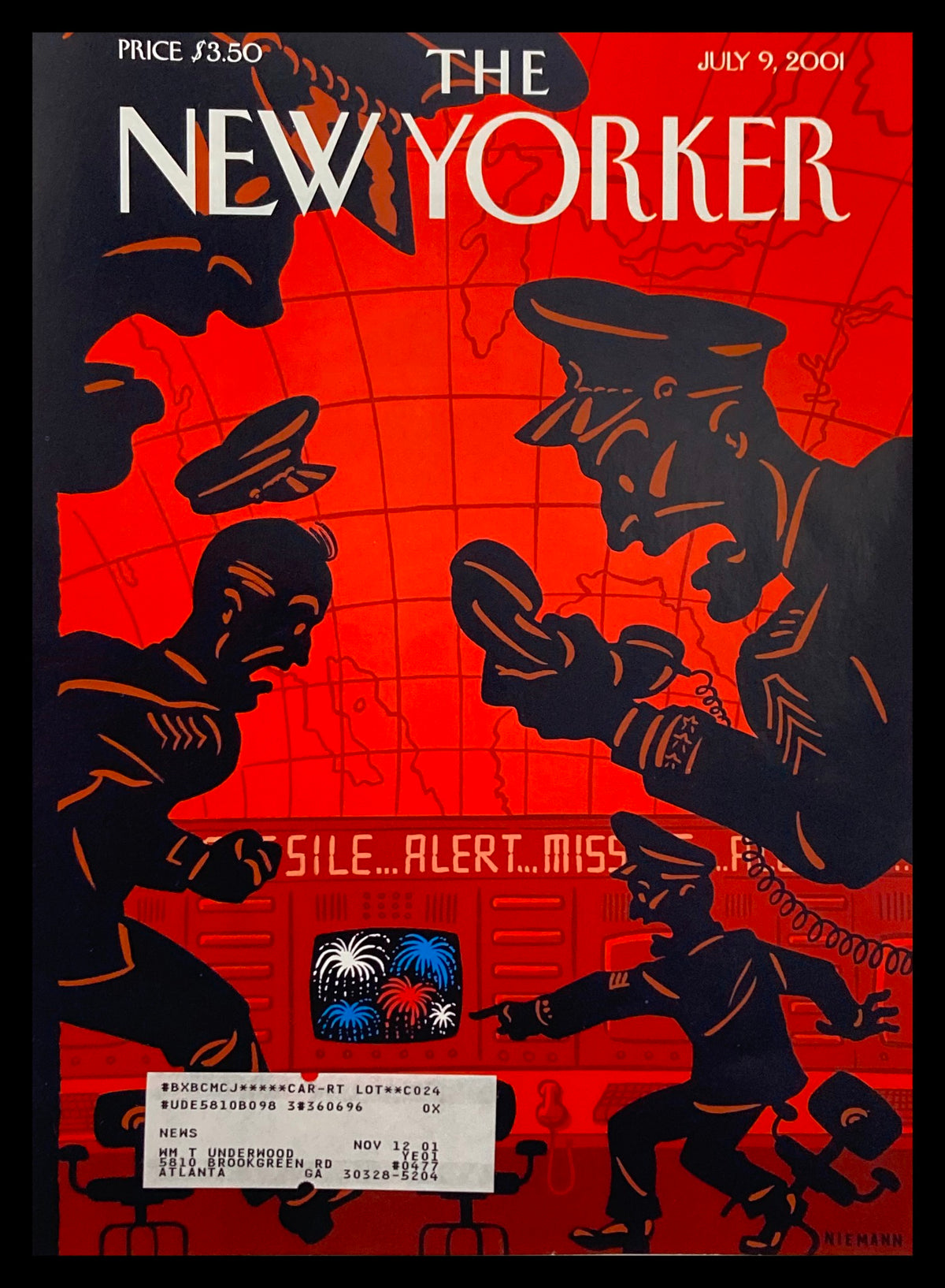 Cover of The New Yorker dated July 9, 2001 titled 'Star Wars and Stripes Forever' by Christoph Niemann, featuring bold red colors and a striking illustration related to Star Wars themes.