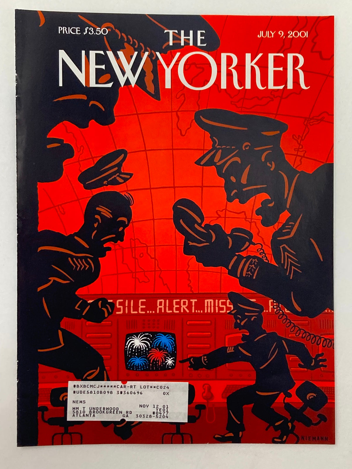 The New Yorker cover from July 9, 2001, titled 'Star Wars and Stripes Forever' by Christoph Niemann, showcasing a dynamic illustration in red tones, depicting characters in a stylized, humorous composition.