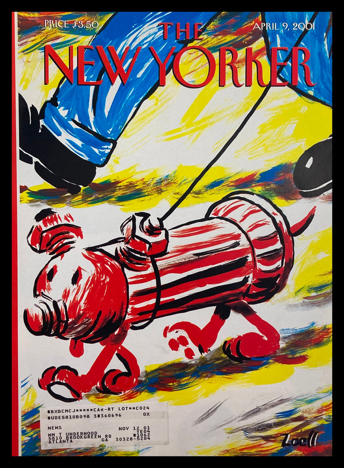 COVER ONLY The New Yorker April 9 2001, illustrated by Bob Zoell, featuring a colorful scene with a dog on a walk.