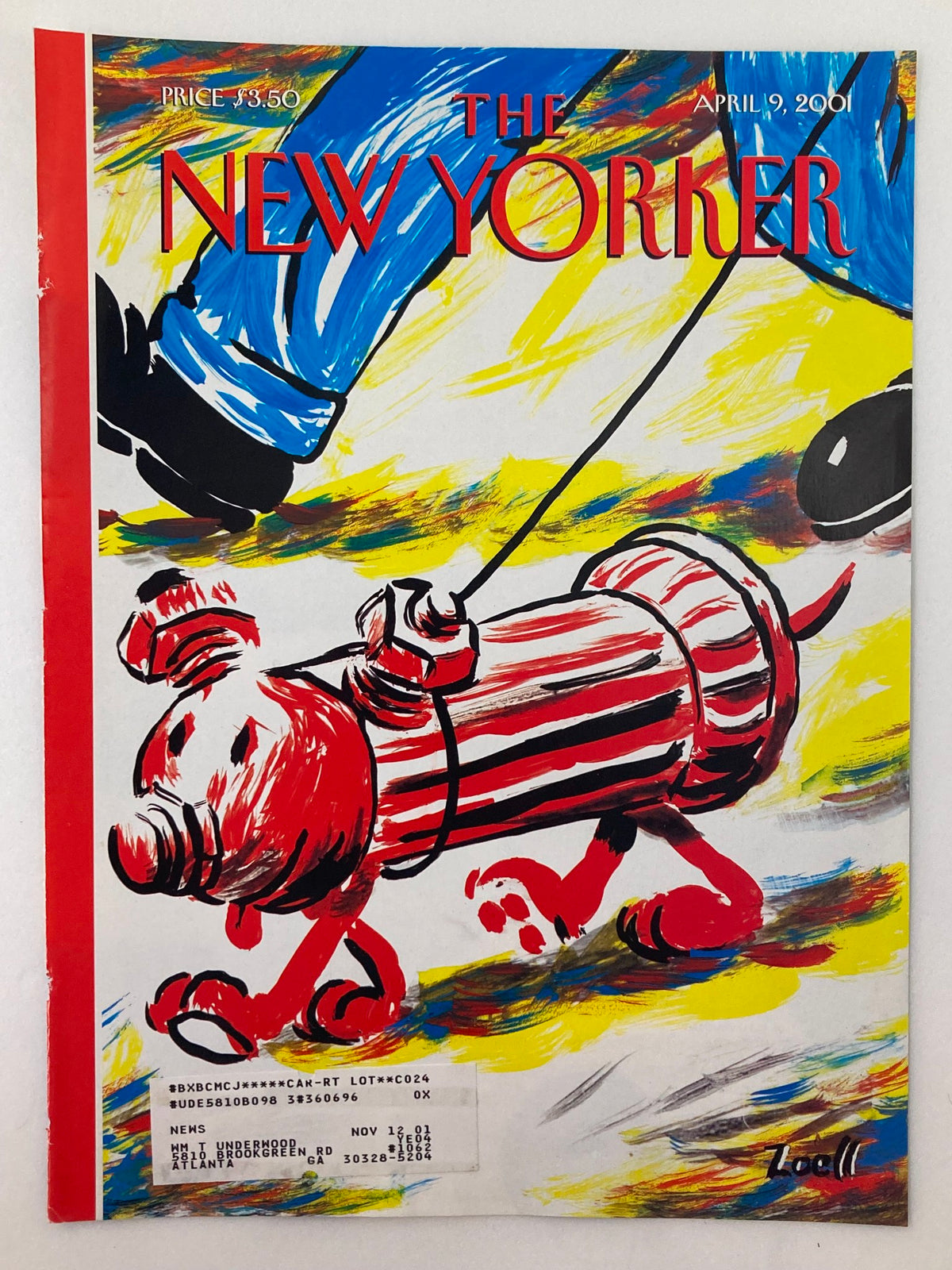 Cover art of The New Yorker magazine from April 9, 2001, titled 'Time for a Walk' by Bob Zoell, featuring a colorful illustration of a dog in a striped fire hydrant costume.