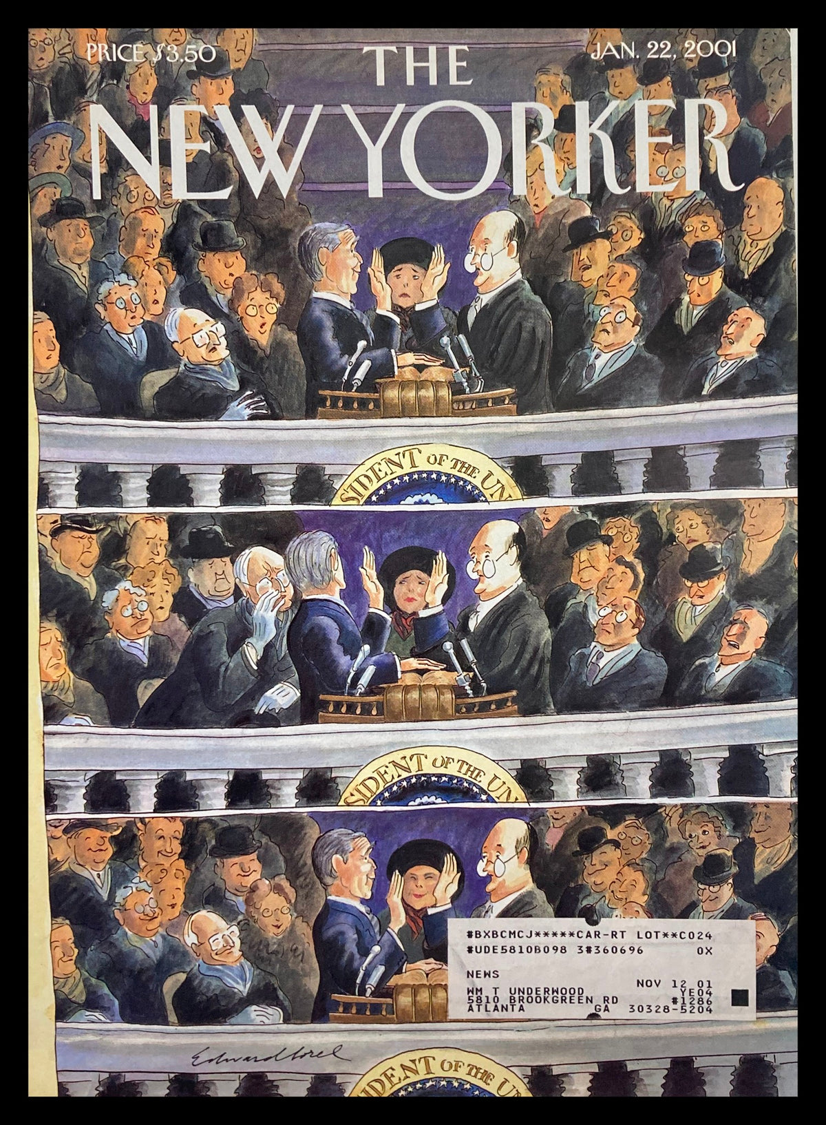 The New Yorker cover from January 22, 2001, titled 'Slip of State' by Edward Sorel, featuring a political scene with diverse characters in an assembly, capturing the essence of early 2001.