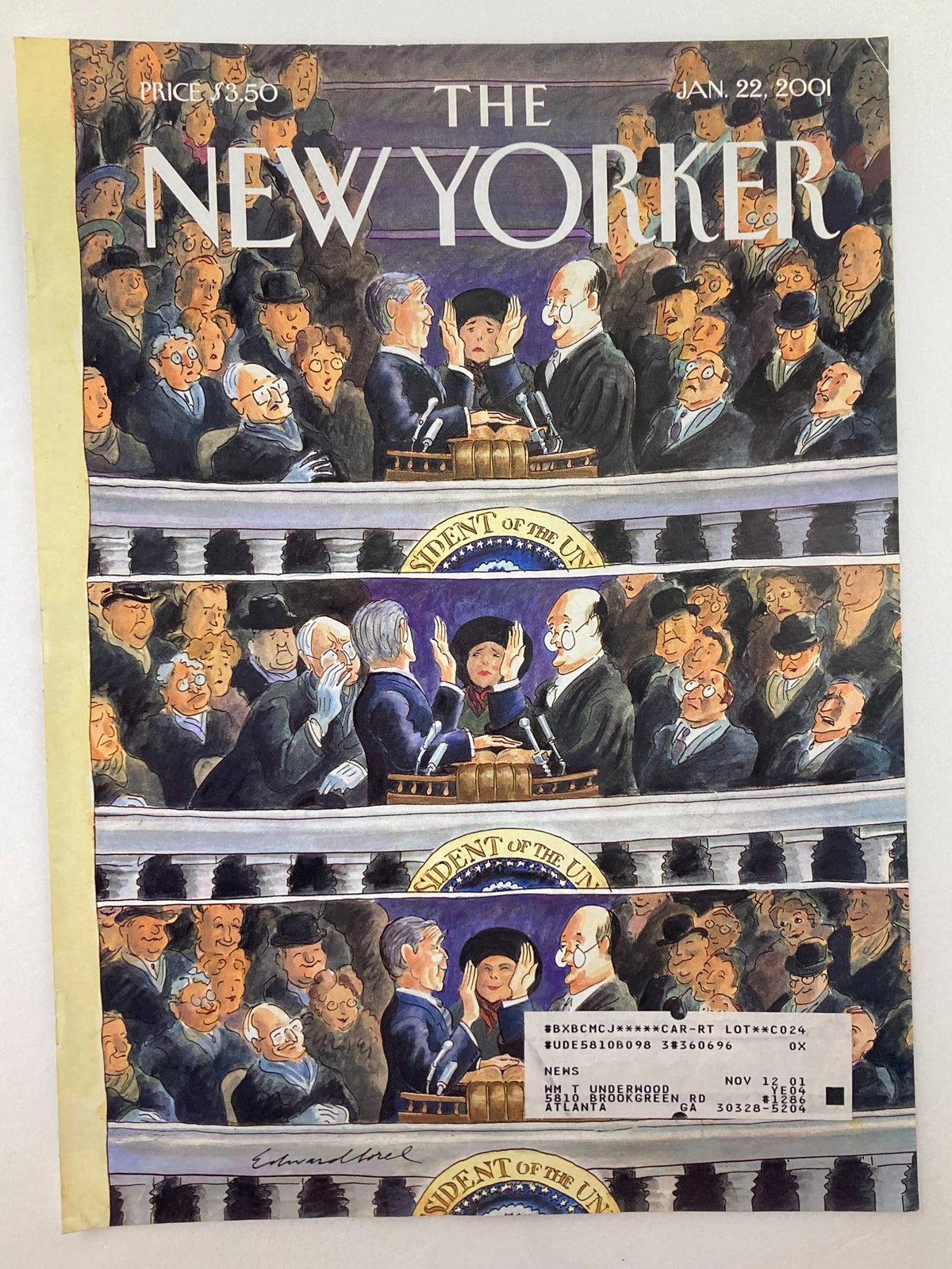 The New Yorker cover dated January 22, 2001, showcasing 'Slip of State' by Edward Sorel, depicting a courtroom-like gathering filled with expressive characters, reflecting a historical political theme.
