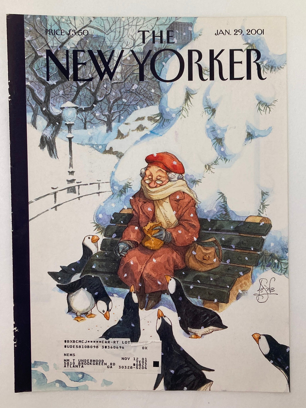 Cover of The New Yorker dated January 29, 2001, featuring the illustration 'Feeding Penguins' by Peter de Seve, showing a woman in winter attire feeding penguins in a snowy park setting.
