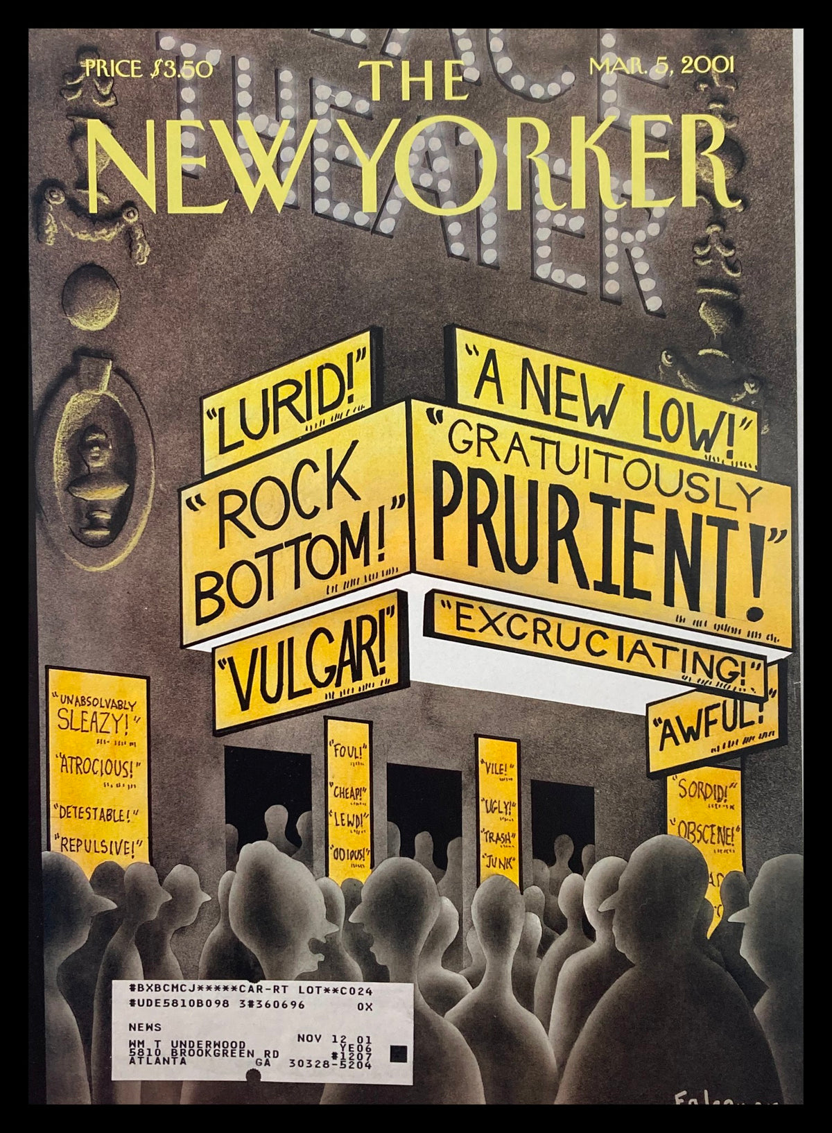 Cover art of The New Yorker dated March 5, 2001, titled 'COVER ONLY The New Yorker March 5 2001 Movie Critics by Ian Falconer', featuring bold, satirical movie review quotes and distinctive artwork by Ian Falconer.