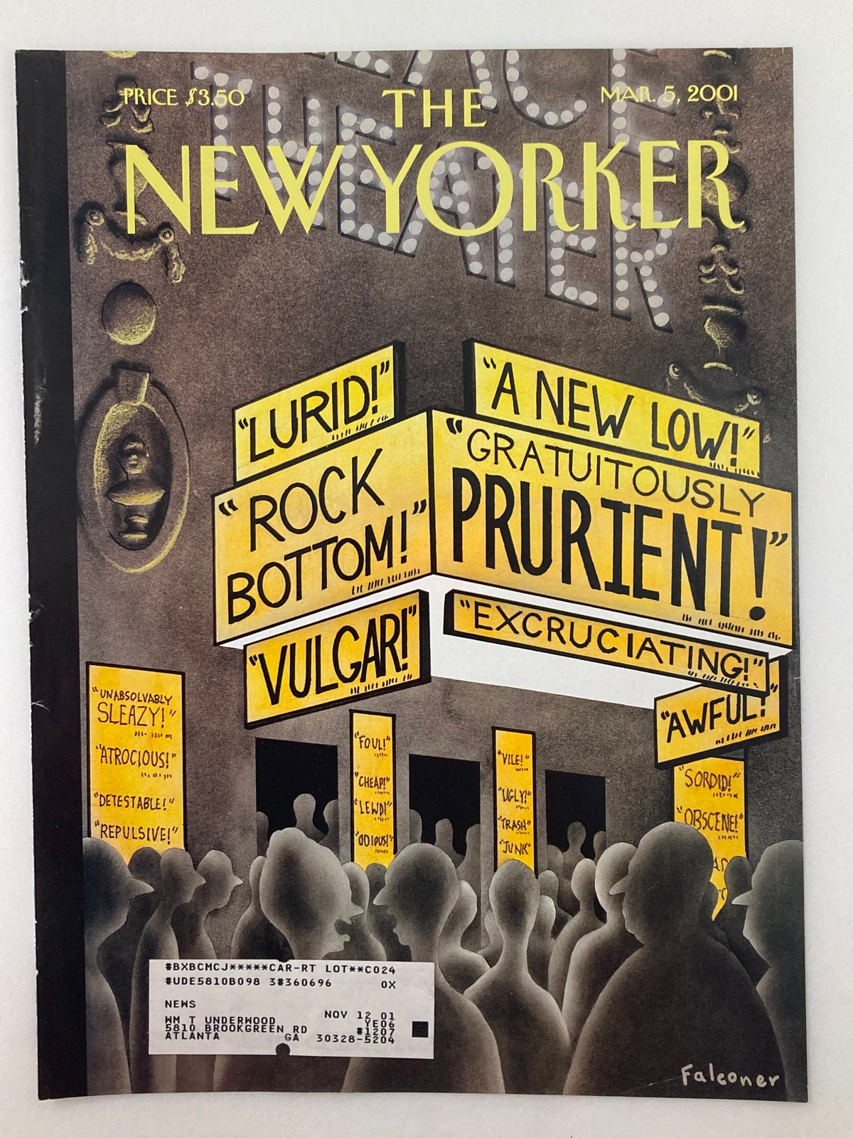 Cover art of The New Yorker from March 5, 2001, titled 'COVER ONLY The New Yorker March 5 2001 Movie Critics by Ian Falconer', showcasing humorous movie critic quotes in a striking design, created by renowned illustrator Ian Falconer.