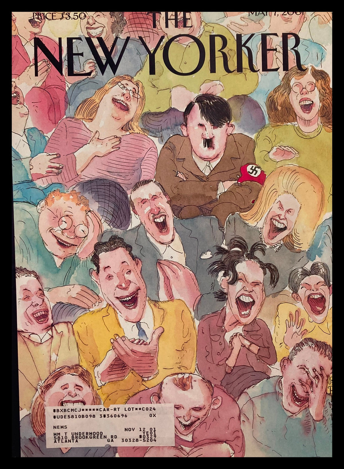 The New Yorker May 7 2001 Cover - Furor on Broadway featuring an illustration of a crowd of people laughing and enjoying a Broadway show, capturing the vibrant atmosphere of theatre culture.