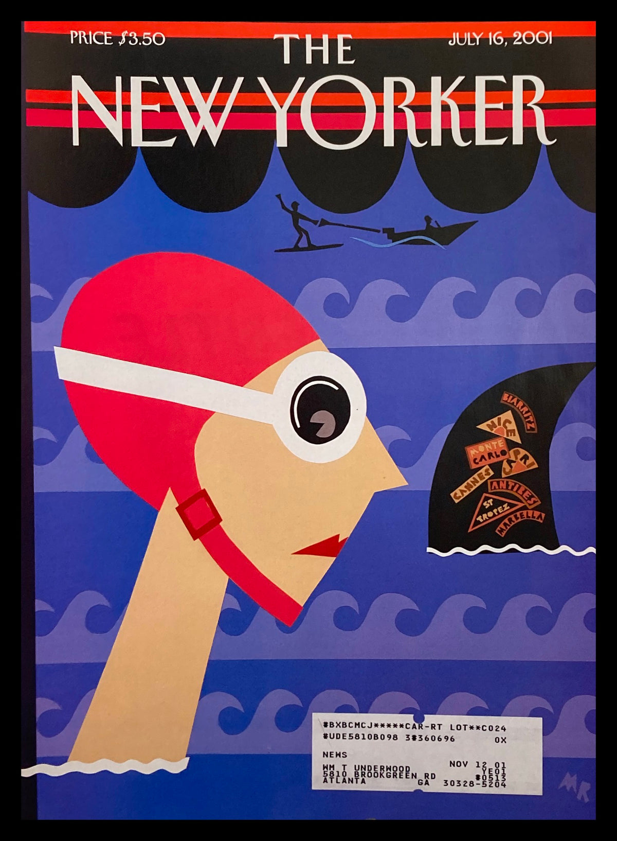 The New Yorker July 16 2001 Cover Only featuring the illustration Fin de Voyage by Michael Roberts, showcasing a swimmer in a red cap against a blue background with ocean waves.