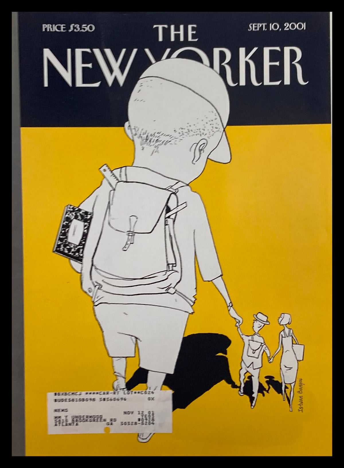 The New Yorker cover from September 10, 2001, titled 'Big Boy' by Istvan Banyai, featuring a boy walking away carrying a backpack and holding hands with two figures in vibrant art style.