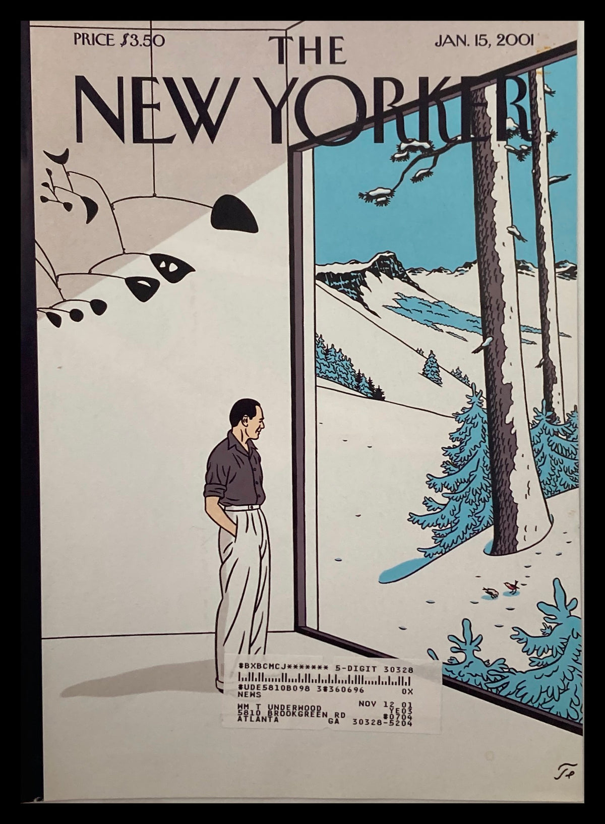 The New Yorker January 15 2001 cover titled 'In and Out' by Floc'h, featuring a man looking out of a large window displaying a winter landscape with snow-covered trees.