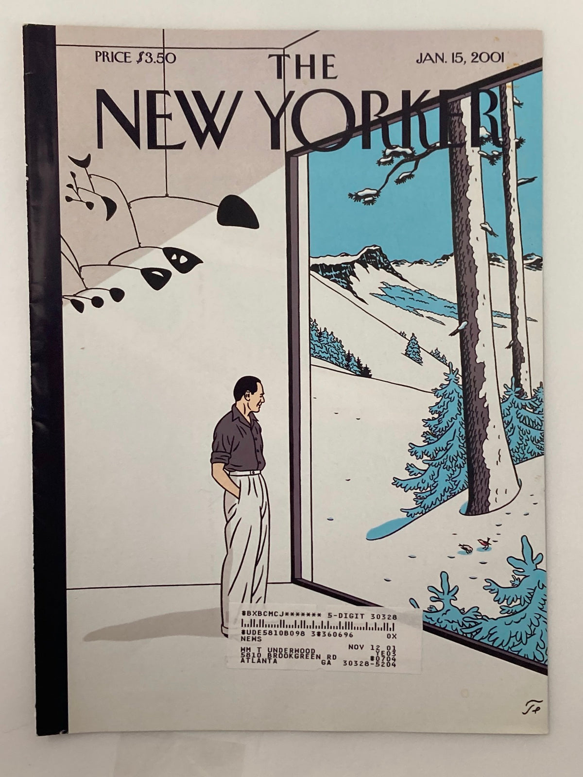 Close-up of The New Yorker January 15 2001 cover titled 'In and Out' by Floc'h, illustrating a figure gazing at a snowy scene outside a window, capturing the essence of the magazine's artistic legacy.