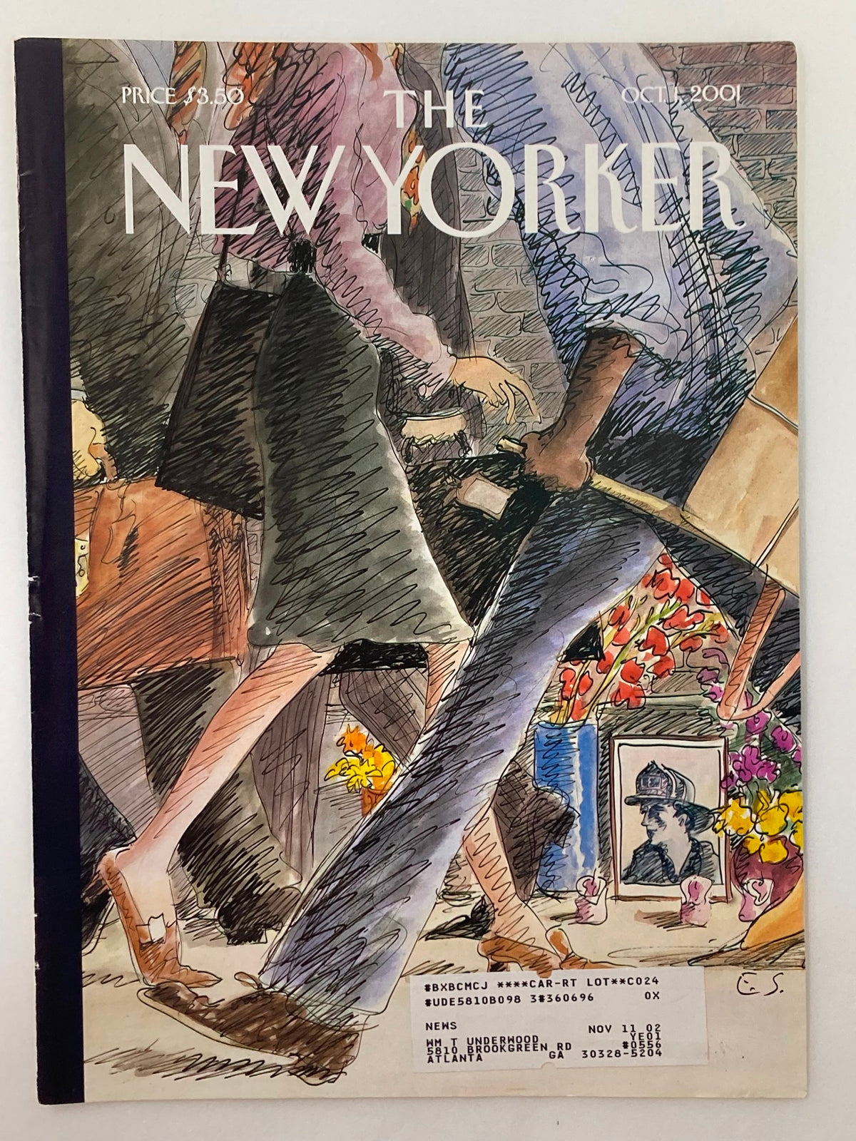 The New Yorker October 1 2001 Street Scene Cover, capturing a lively street scene with detailed artwork by Edward Sorel, perfect for framing and display.