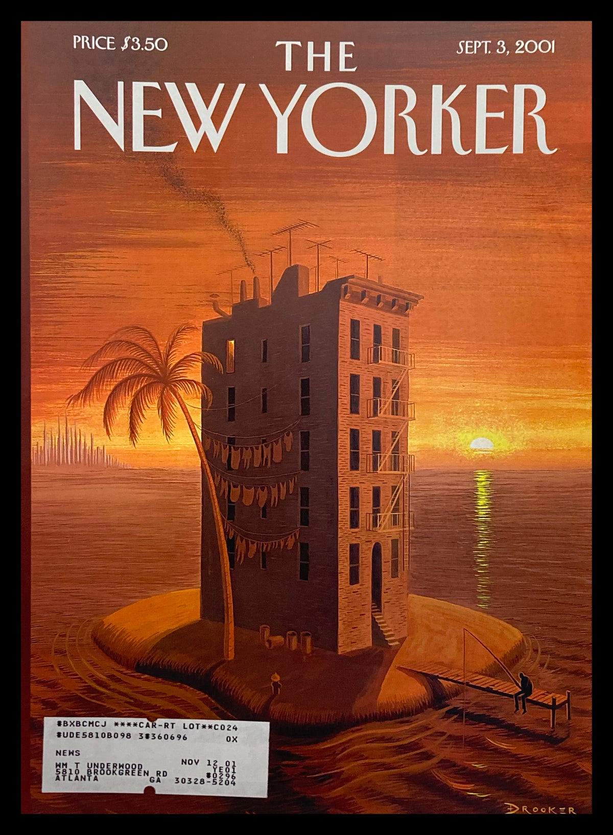 Cover artwork for The New Yorker September 3, 2001, titled 'Tenement Island' by Eric Drooker, featuring a tenement building and urban landscape with a sunset backdrop.