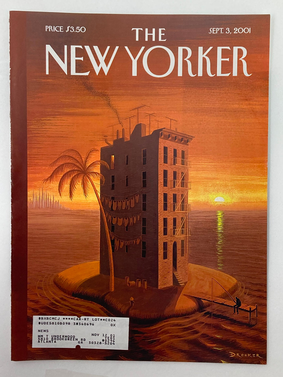 The New Yorker cover, September 3, 2001, titled 'Tenement Island' by Eric Drooker, showcasing a colorful urban sunset scene with a tenement building surrounded by water, highlighting the artist's vivid illustration style.