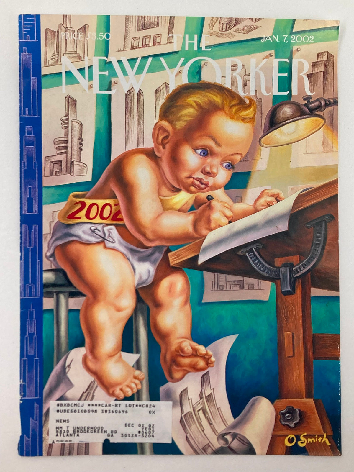Close-up view of The New Yorker magazine cover from January 7, 2002, showcasing a baby writing New Year's resolutions, illustrated by Owen Smith.