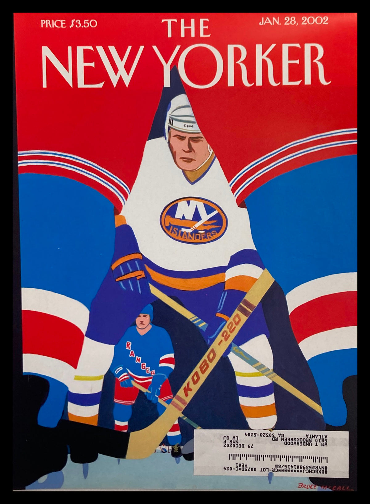 Cover of The New Yorker dated January 28, 2002, titled 'Ice Level' by Bruce McCall, featuring hockey players in vibrant colors.