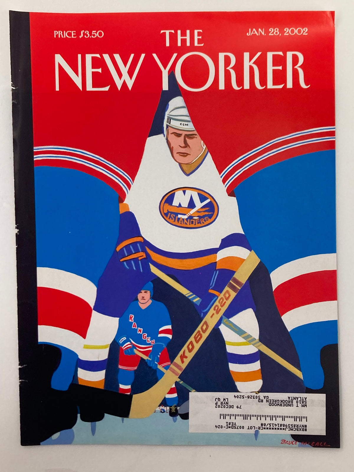 Cover of The New Yorker dated January 28, 2002, titled 'Ice Level' by Bruce McCall, showcasing dynamic hockey imagery with bold graphics.