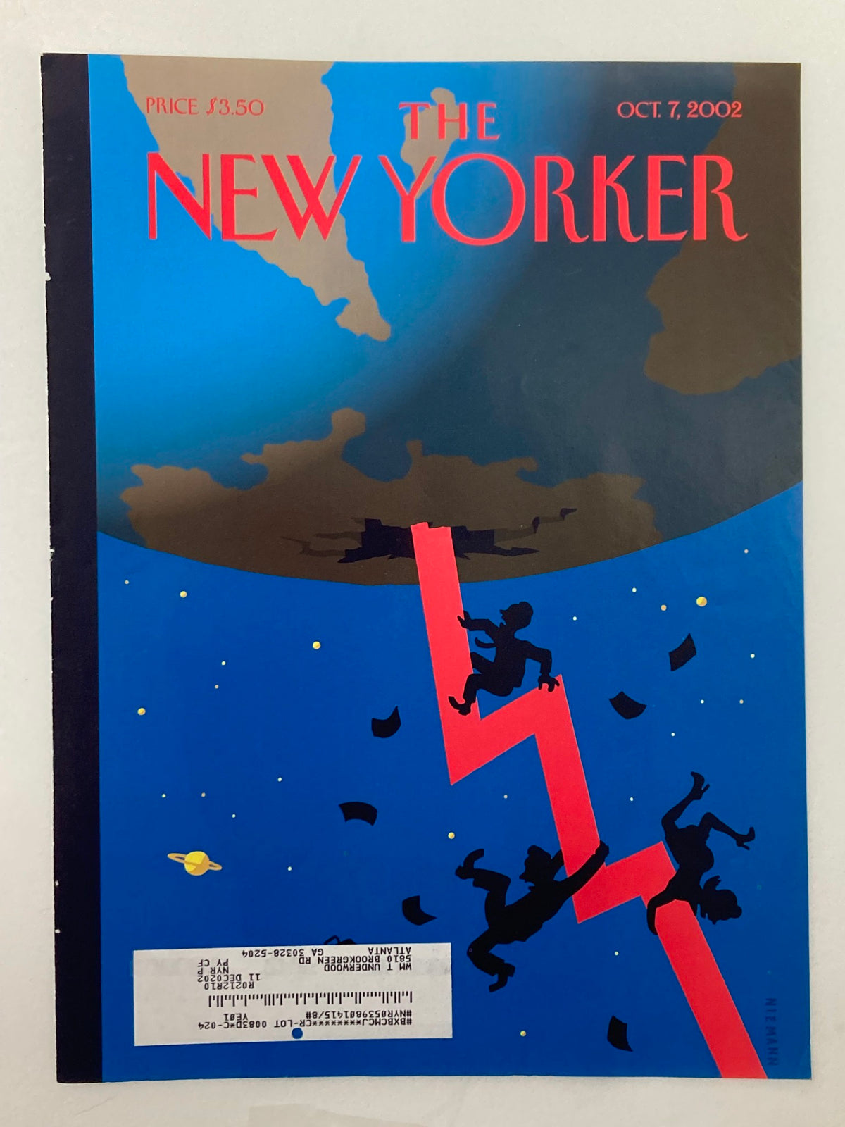 The New Yorker cover for October 7, 2002, showcasing 'Down and Out' by Christoph Niemann. The illustration features characters ascending a bold red staircase on a blue backdrop, symbolizing the challenges of city living.
