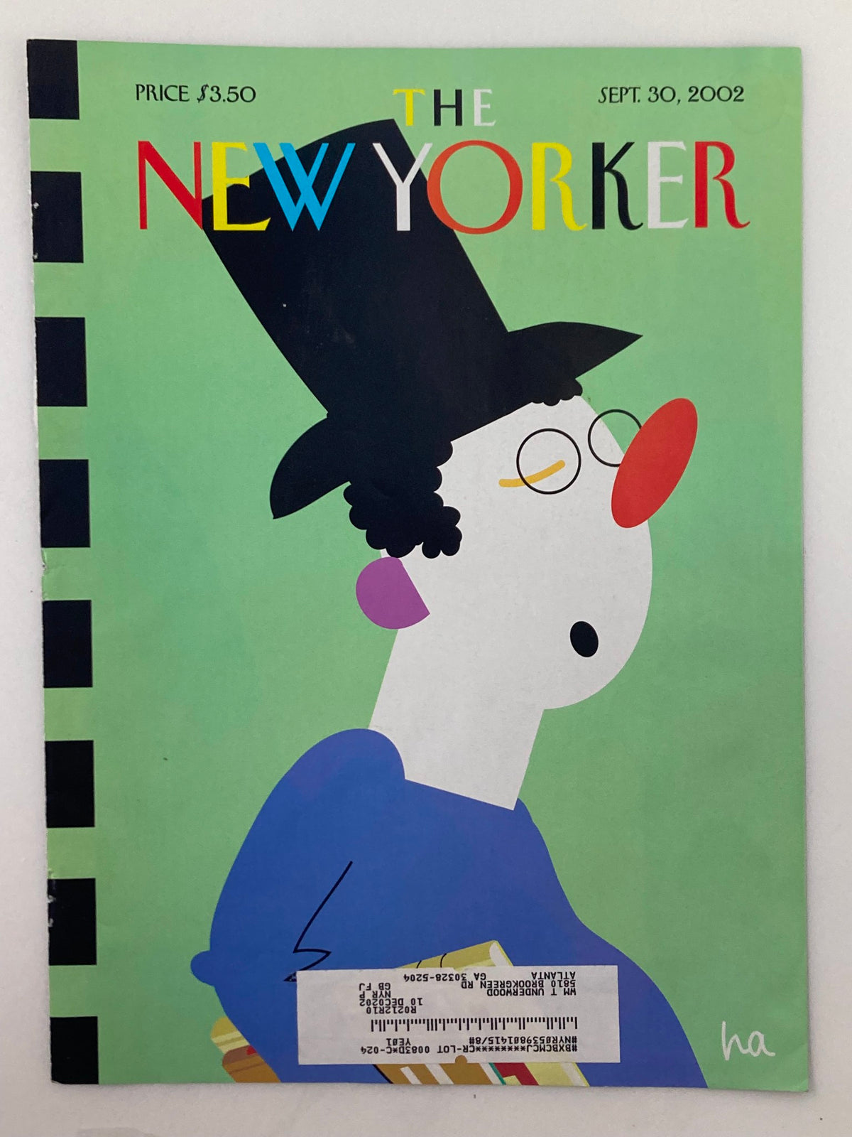The New Yorker cover for September 30, 2002, displaying the 'Booksnob' illustration by Bob Zoell, featuring a character in profile with round glasses and a colorful hat.