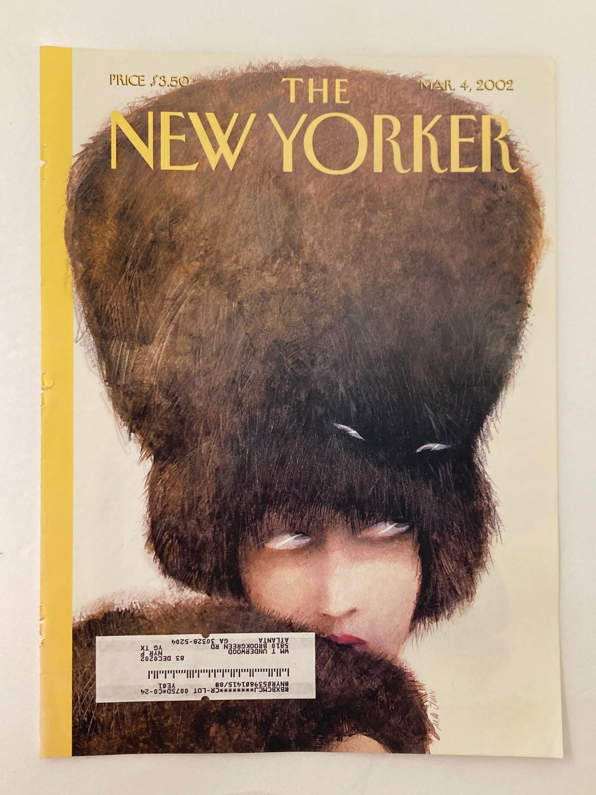 COVER ONLY The New Yorker March 4 2002 presents the captivating artwork "Let The Fur Fly" by Ana Juan, highlighting a fashionable character adorned in a large fur hat.