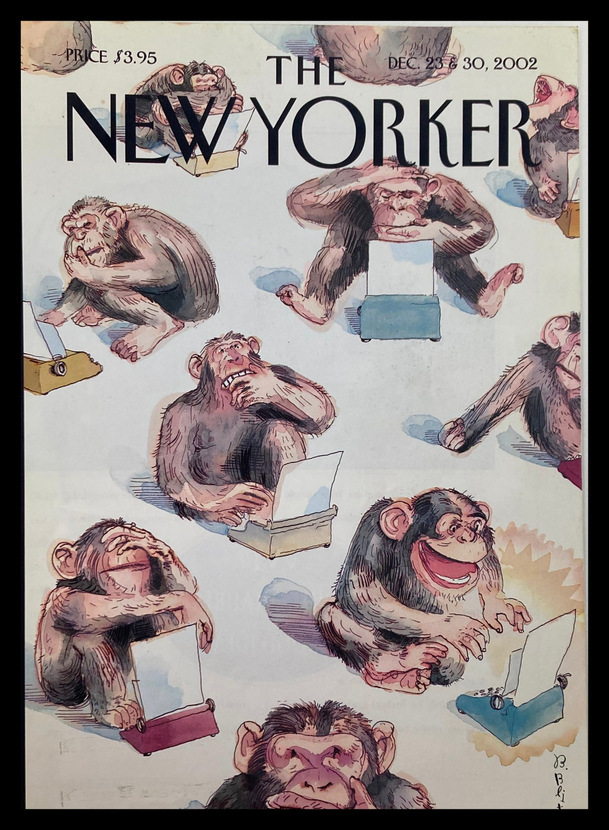 The New Yorker Cover December 23, 2002 featuring whimsical illustrations of monkeys interacting with typewriters, showcasing humor and artistry in magazine design.