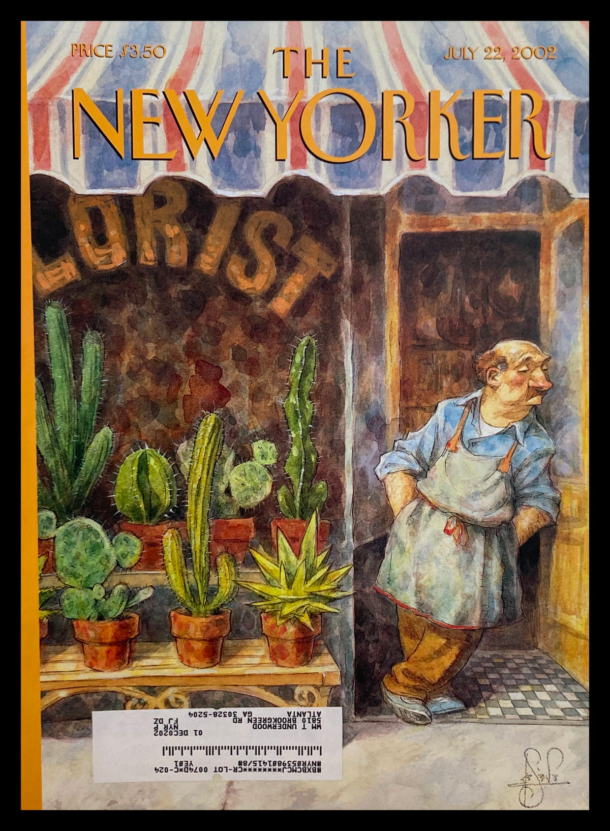 The New Yorker cover from July 22, 2002, titled 'Prickly Heat' by Peter de Seve, featuring a whimsical illustration of a florist surrounded by cacti.