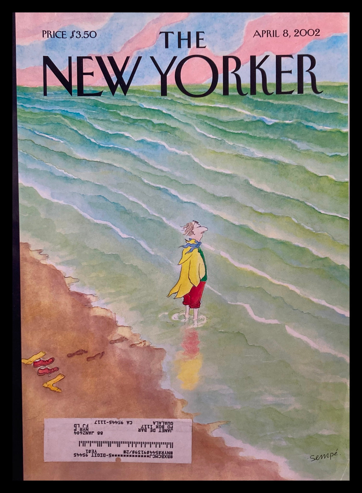 The New Yorker Cover April 8 2002 by Jean-Jacques Sempé, featuring a whimsical illustration of a figure standing at the shore observing the waves.