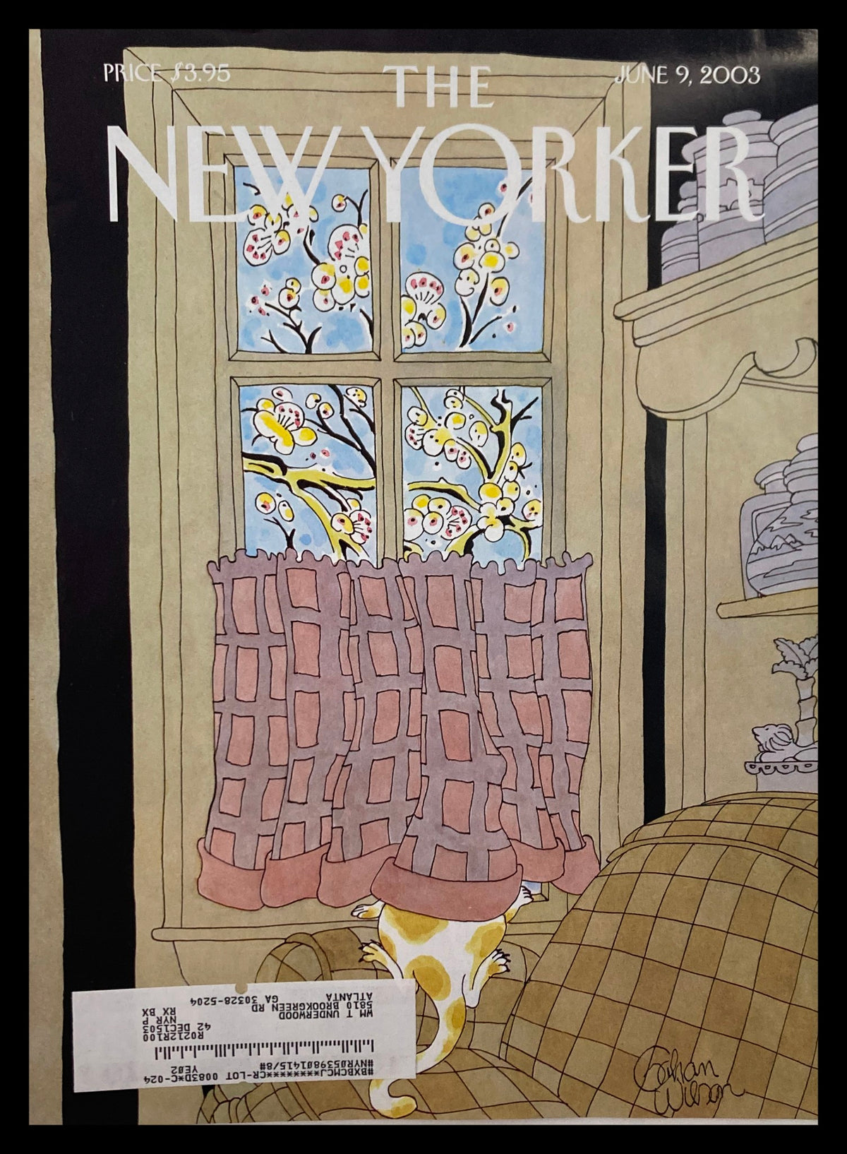 COVER ONLY The New Yorker June 9 2003 Better Weather featuring whimsical artwork by Gahan Wilson, depicting a cozy interior scene with a window showcasing floral patterns and a playful cat.