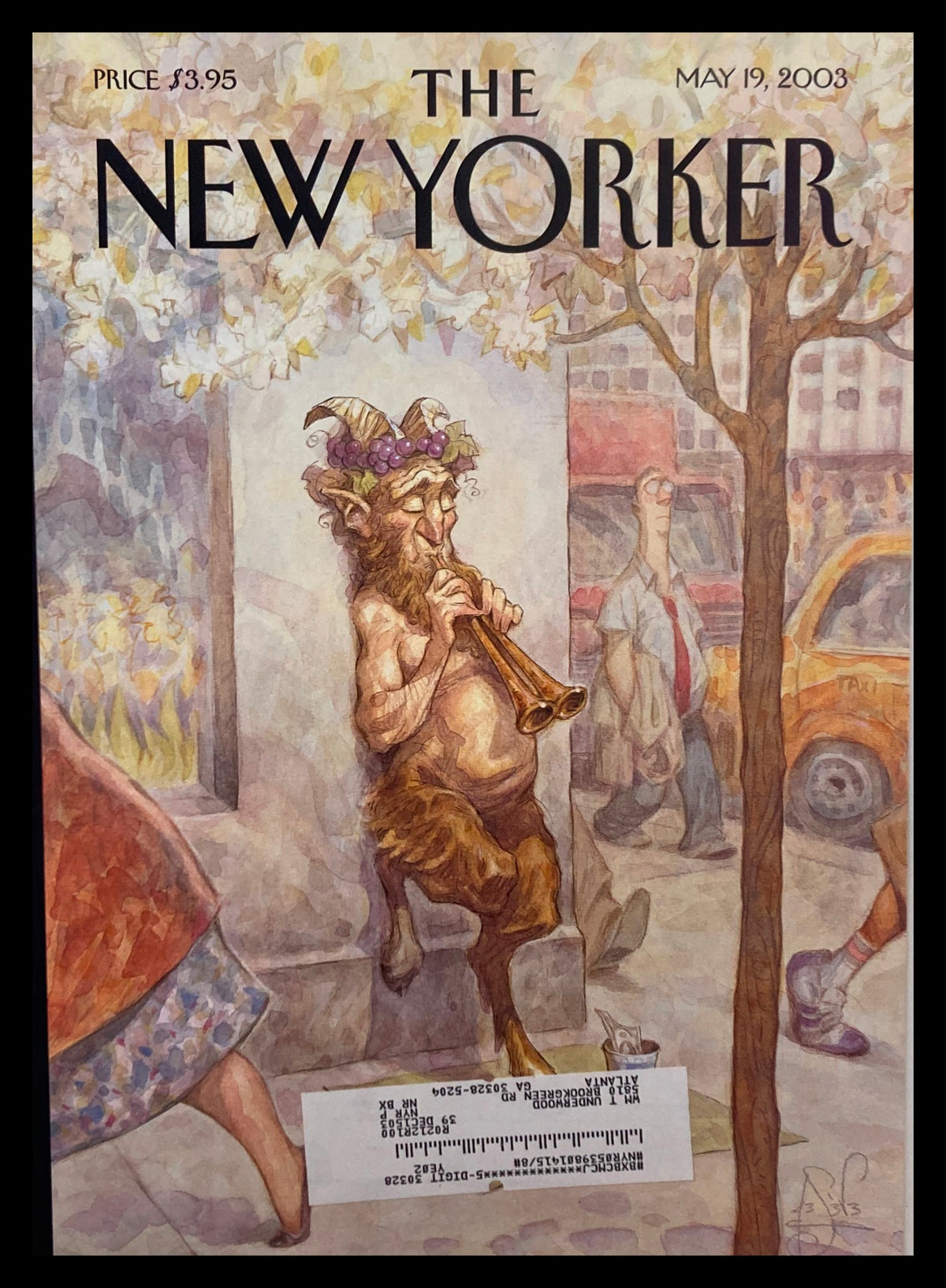 The New Yorker May 19, 2003 cover featuring the whimsical illustration "Panhandler" by Peter de Seve, depicting a Panhandler playing a flute beneath cherry blossom trees.