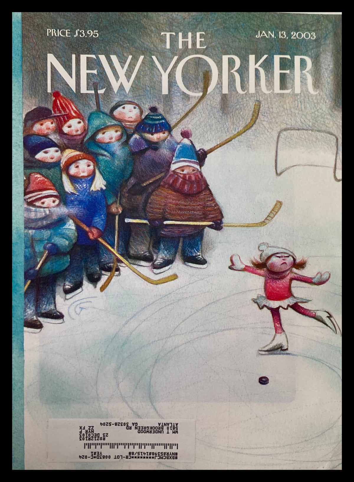 Cover of The New Yorker January 13 2003 titled 'On the Ice' by Carter Goodrich, showcasing colorful characters on ice skating.