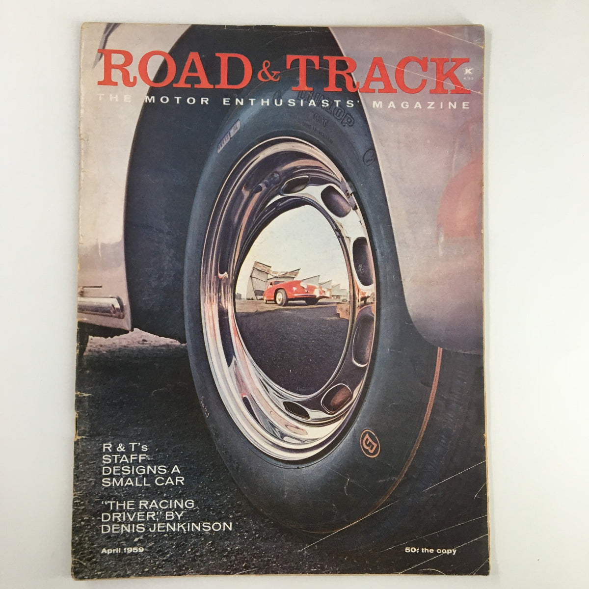 Cover of VTG Road & Track Magazine April 1959 featuring a prominent wheel and tire design, highlighting R&T staff's small car designs.