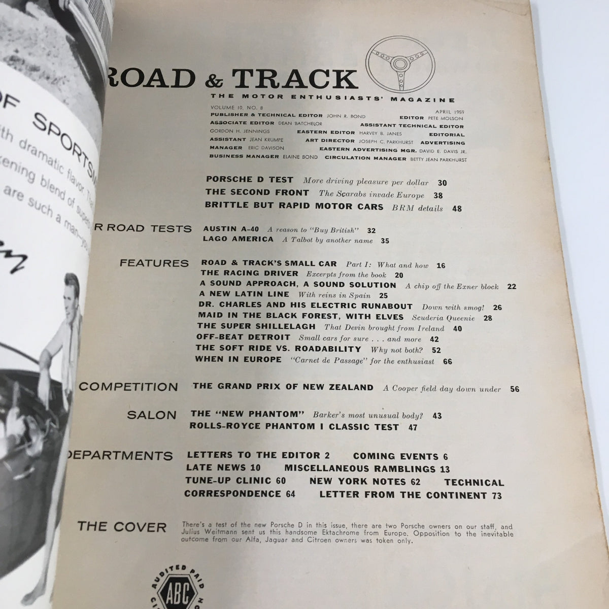 Interior page of VTG Road & Track Magazine April 1959 featuring the table of contents with listings of automotive topics and articles including R&T staff's small car designs.