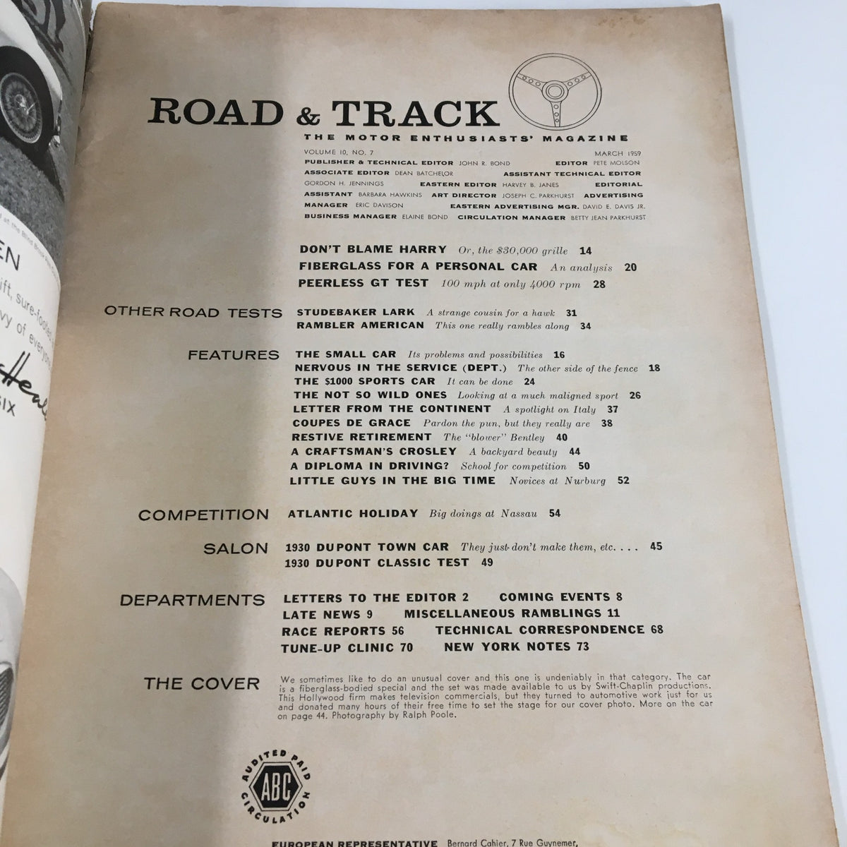 Vintage Road & Track Magazine March 1959 Fiberglass-Bodied Special Car No Label