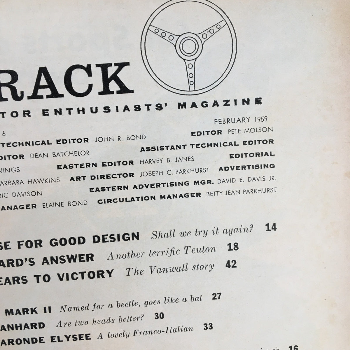 Close-up of the editorial page from VTG Road & Track Magazine February 1959, highlighting the publication details, including editors and featured articles.