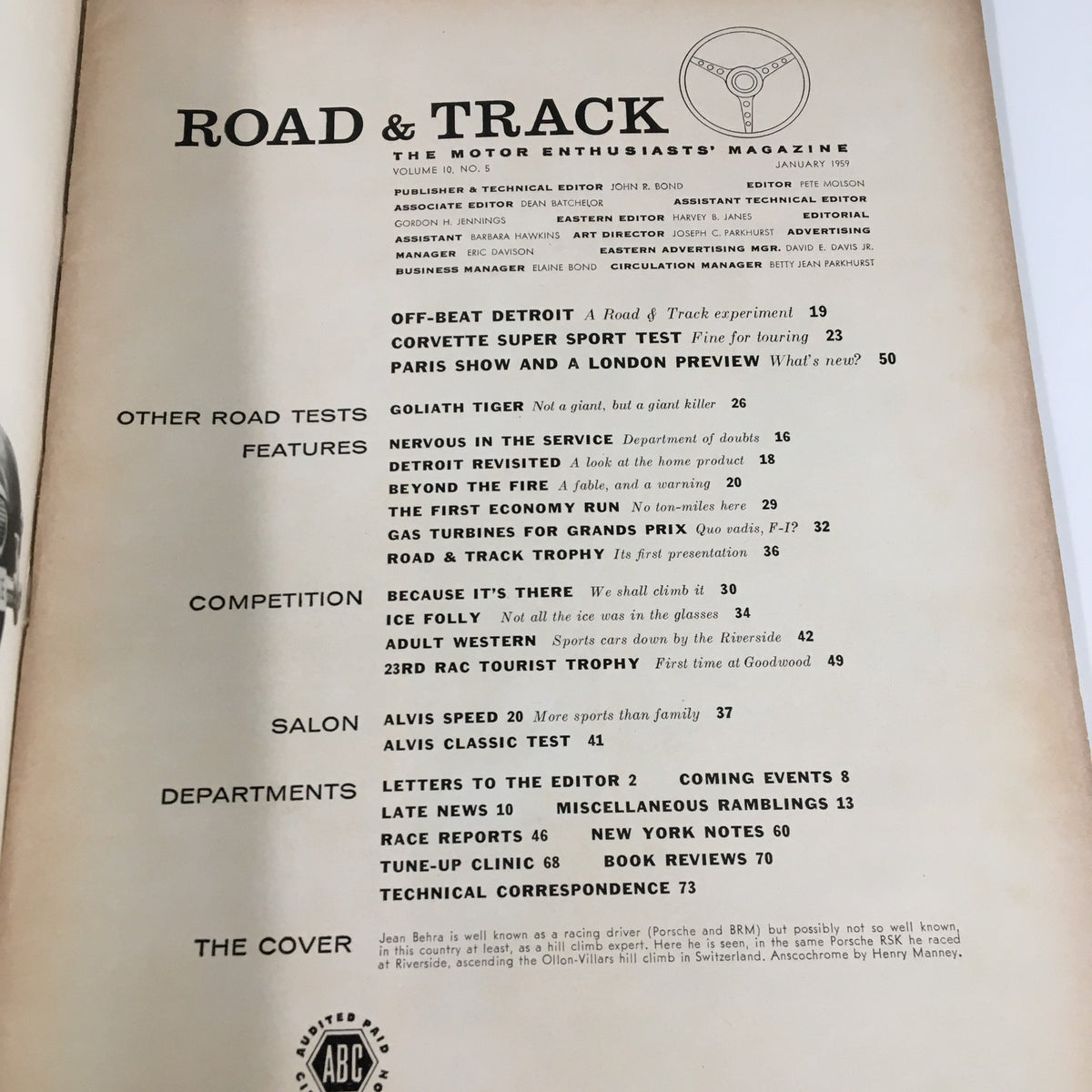 Table of contents from VTG Road & Track Magazine January 1959, featuring articles on interesting automotive topics including gas turbines for Grand Prix racing.