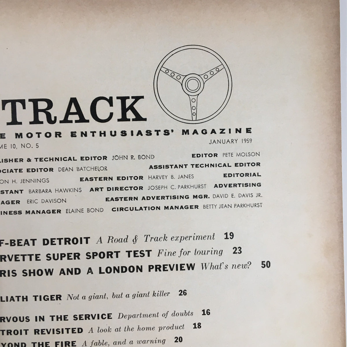 Cover page of VTG Road & Track Magazine January 1959, showcasing its title and editorial team.