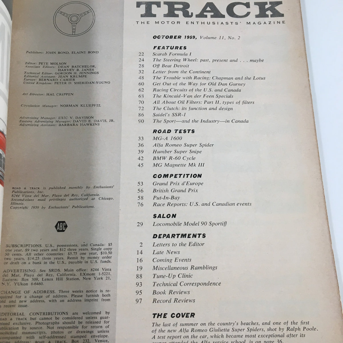 Table of contents from VTG Road & Track Magazine October 1959, highlighting articles on luxury sedans, road tests, and racing competitions.