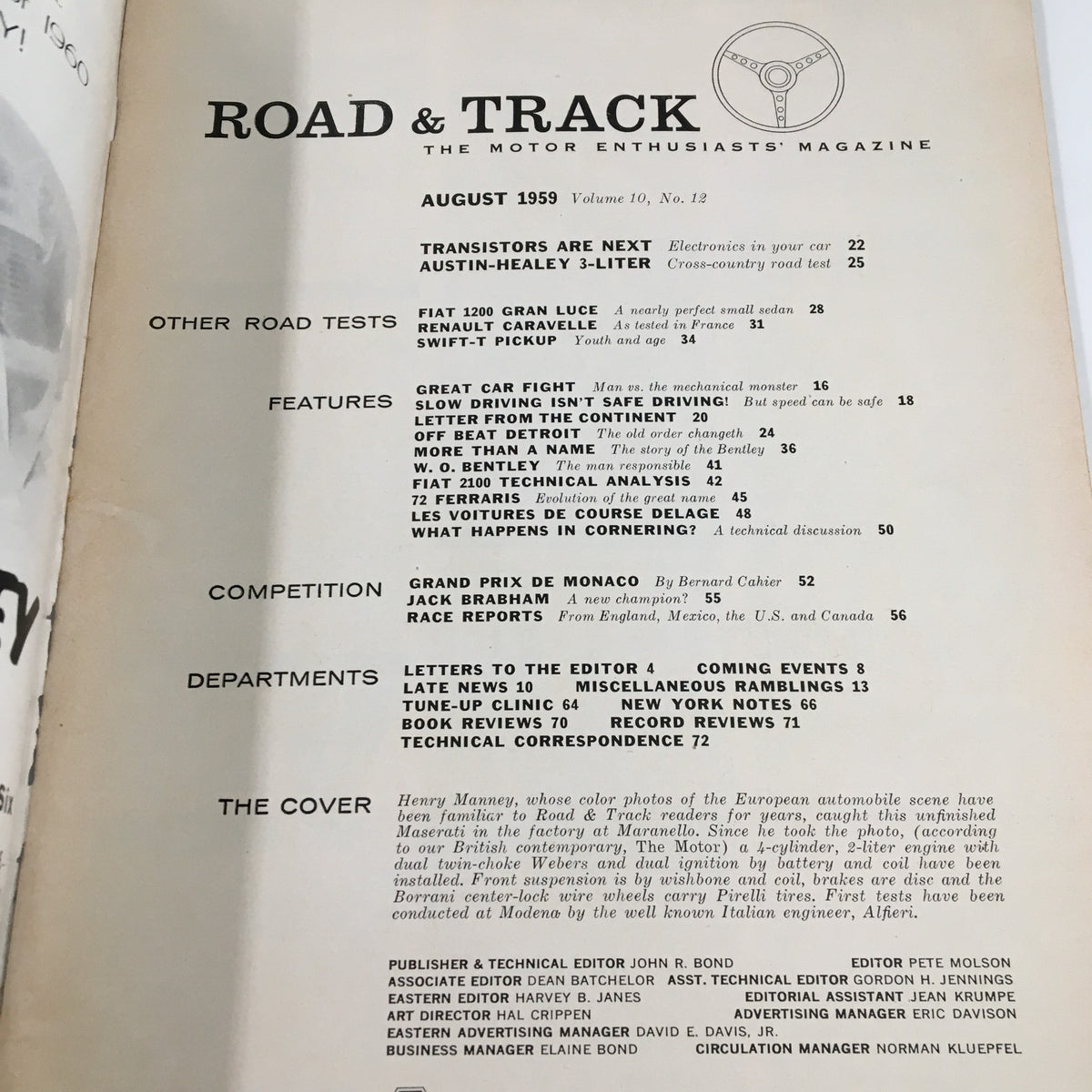 Interior page of VTG Road & Track Magazine August 1959, detailing articles and features from the issue, including topics on Maserati and automotive innovations.