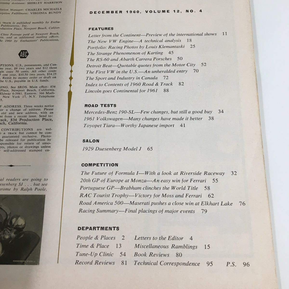 Interior page of VTG Road & Track Magazine December 1960 displaying the contents, featuring articles including one on the 1929 Duesenberg Model J.