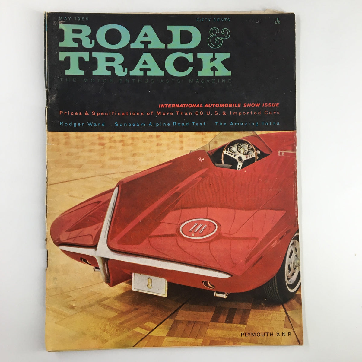 Cover of the VTG Road & Track Magazine May 1960 featuring the Sunbeam Alpine Road Test and an illustration of the X N R Plymouth concept car. A collectible for automotive enthusiasts.