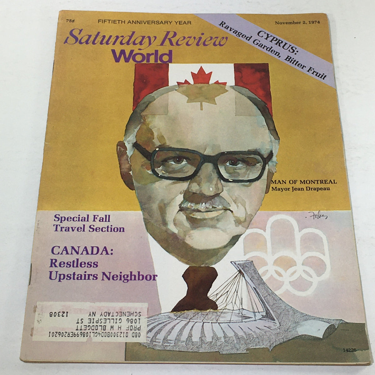 VTG Saturday Review: November 2 1974 featuring a prominent illustration of Man of Montreal, Mayor Jean Drapeau, with a Canadian flag backdrop, highlighting key articles including Canada's travel section and cultural insights.