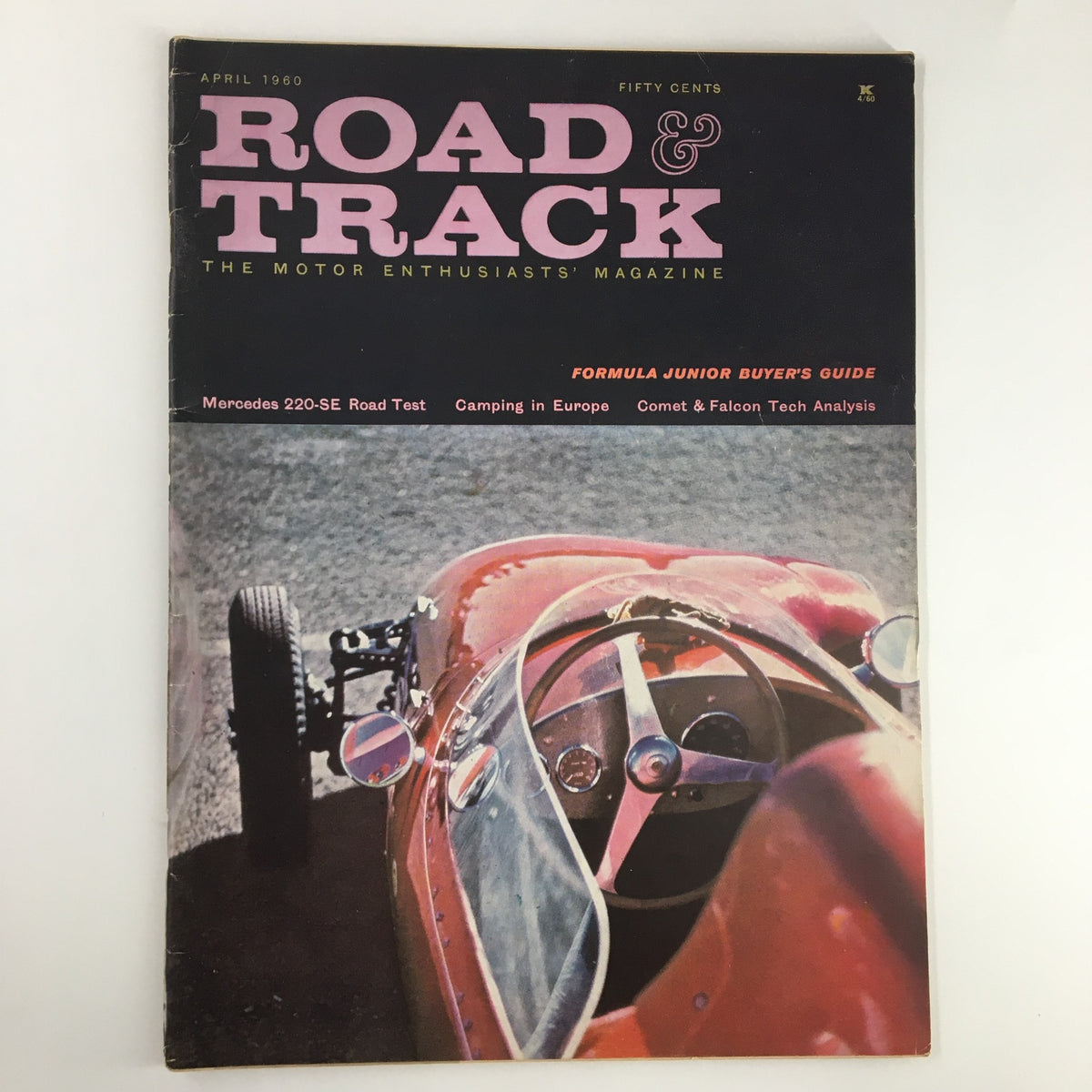 VTG Road & Track Magazine April 1960 cover featuring the Mercedes 220-SE Road Test and articles on classic cars.