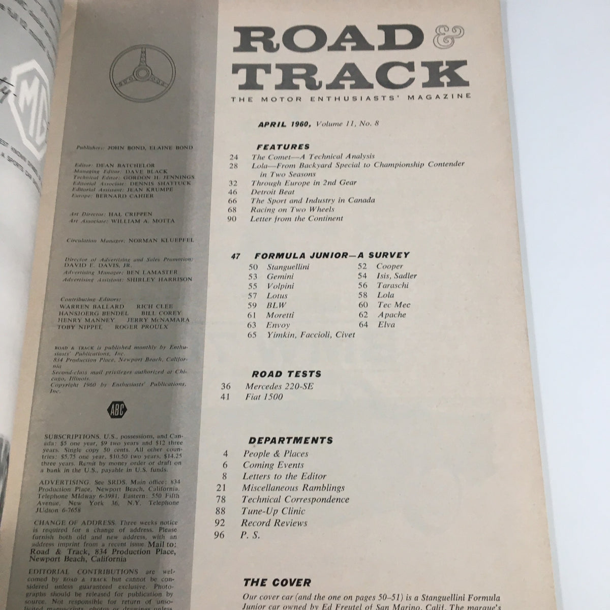 VTG Road & Track Magazine April 1960 inside page showcasing features, including the Mercedes 220-SE Road Test and other automotive topics.