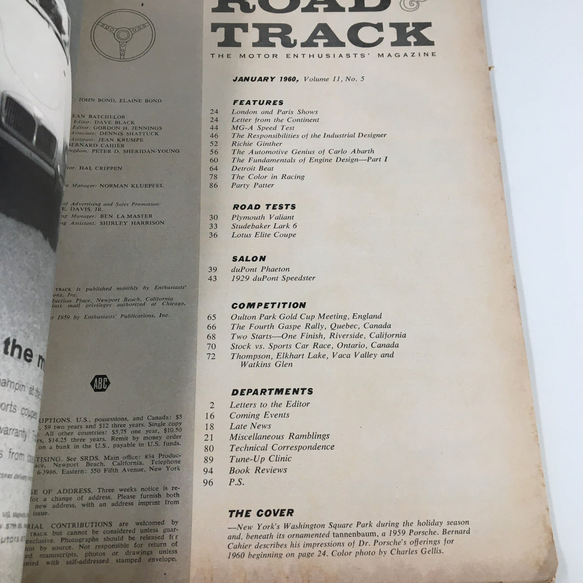 Interior page of VTG Road & Track Magazine January 1960 showcasing the table of contents including road tests for Plymouth Valiant and Studebaker Lark.