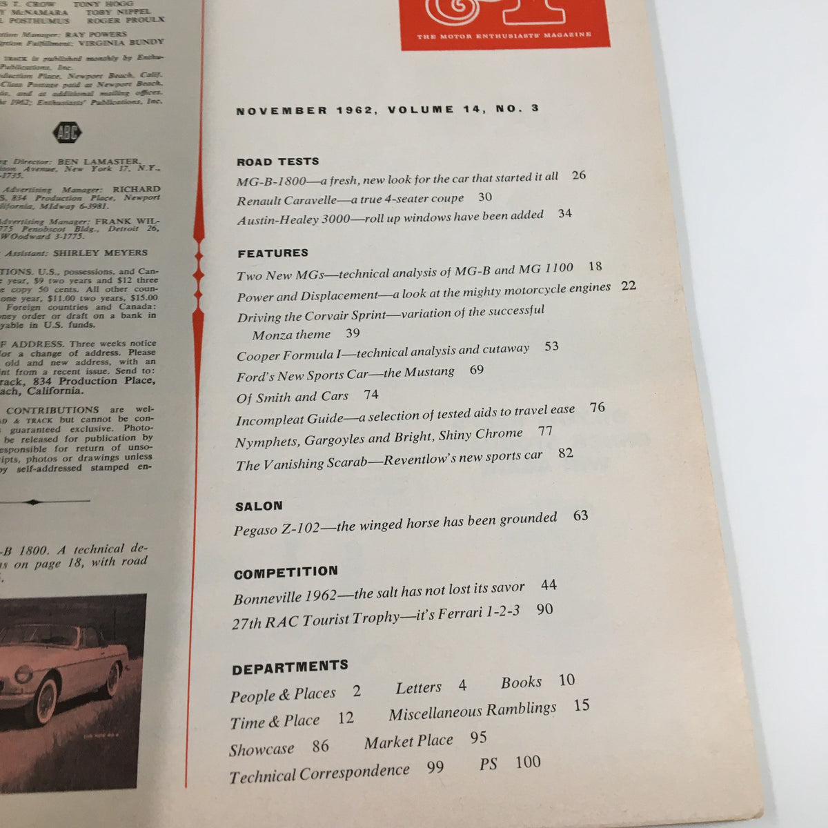 Table of contents from the November 1962 edition of Road & Track Magazine, featuring articles on Ford's Rear-Engine Sports Car and other automotive topics.