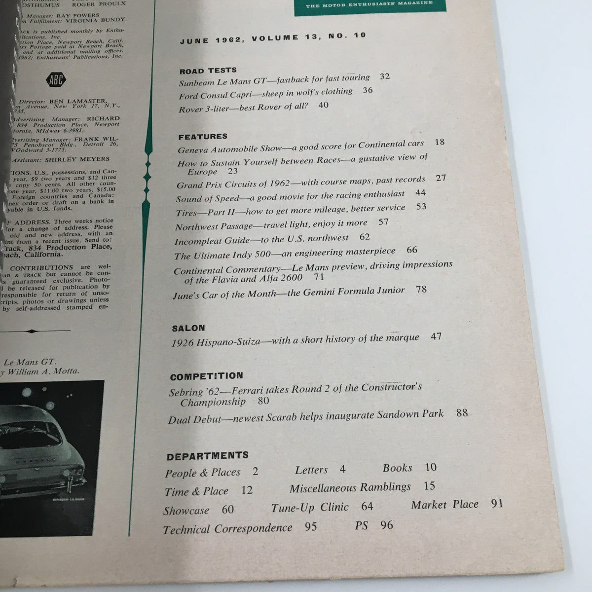 Back cover of the VTG Road & Track Magazine from June 1962 featuring details on automotive articles, including car tests and features on the Gemini Formula Junior.