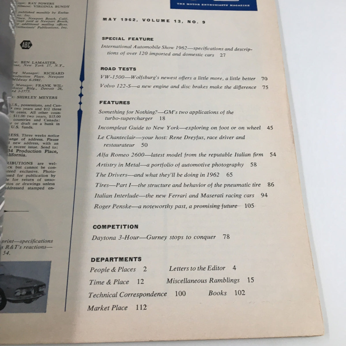 Interior page of VTG Road & Track Magazine May 1962, detailing articles including Roger Penske and automotive features.