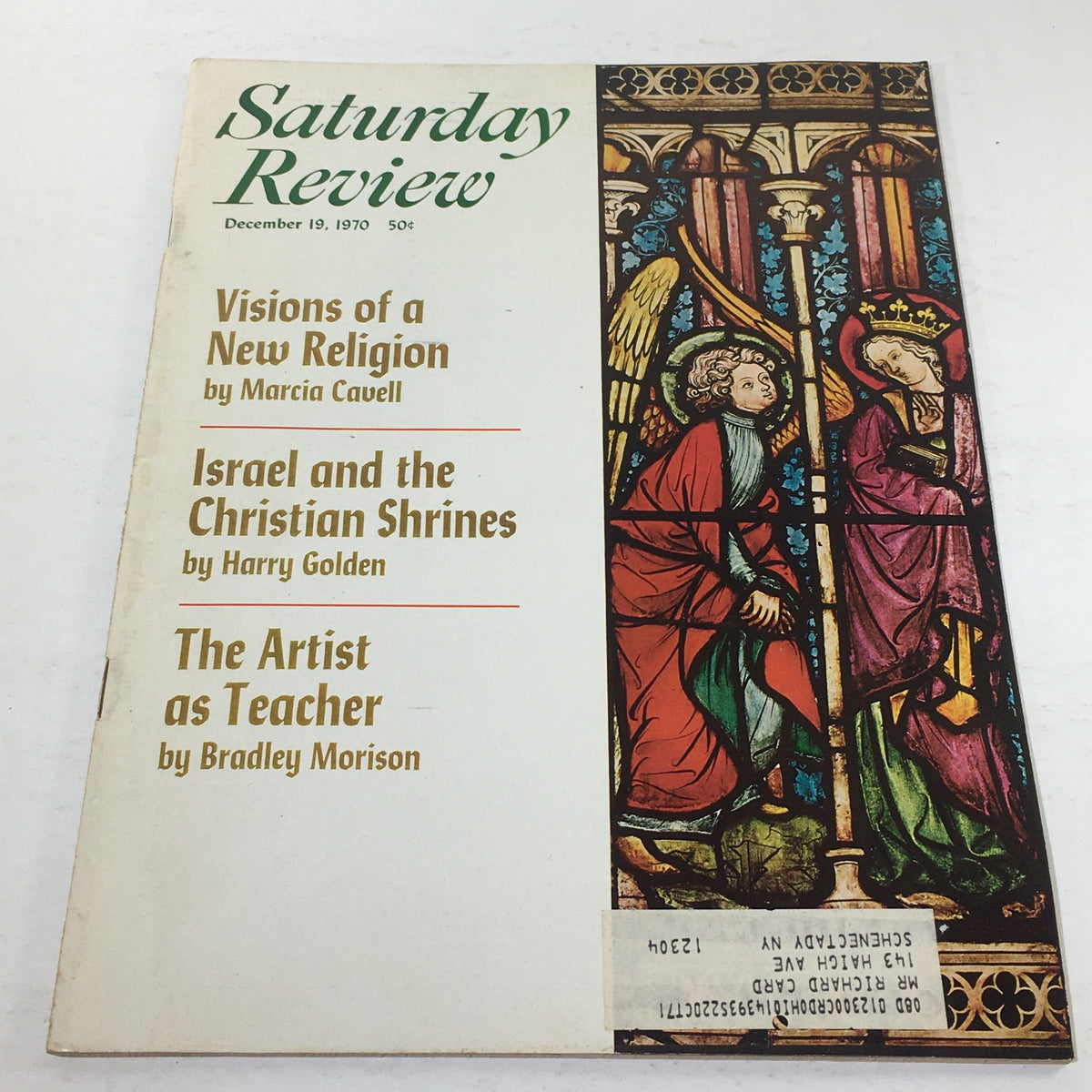 Cover of VTG Saturday Review from December 19, 1970, featuring articles by Marcia Cavell, Harry Golden, and Bradley M. The cover includes vibrant illustrations depicting a religious theme.